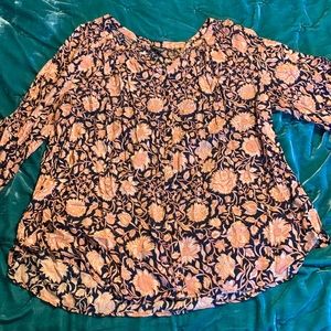 Lucky brand smocked, long sleeve navy and pink flowered blouse